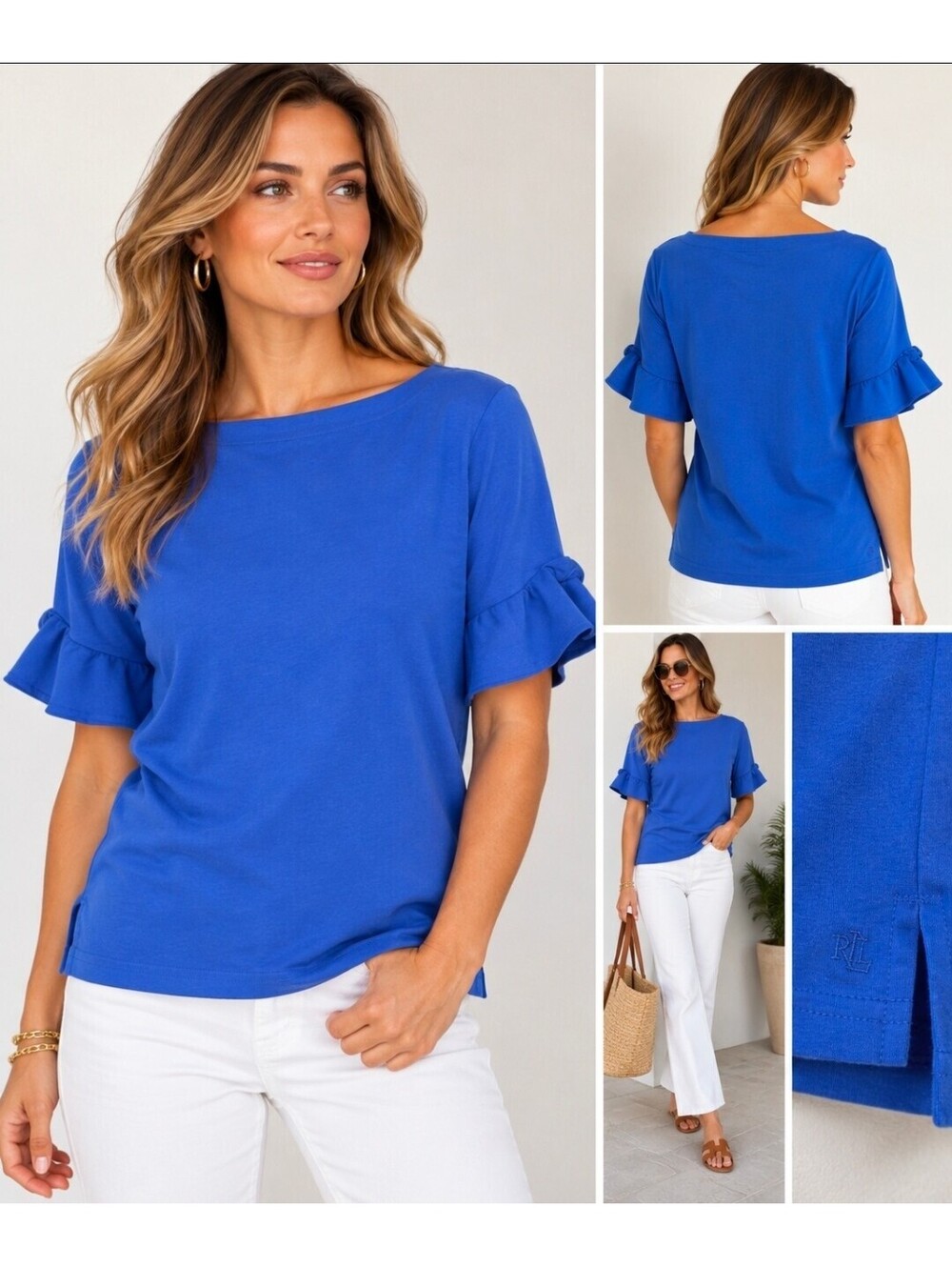 Lauren Ralph Lauren Womens XL Blue 100% Cotton Ruffle Sleeve Boat Neck Top